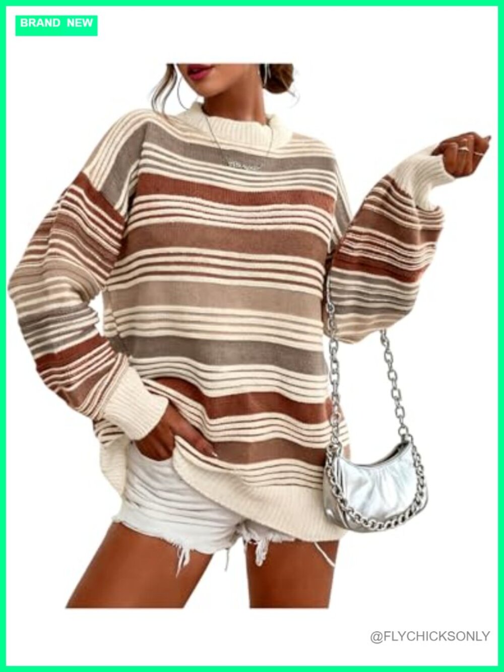 Womens Oversized Striped Knit Pullover Sweater Crewneck Long Sleeve Loose Fit